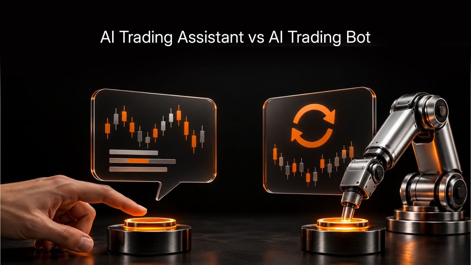 Side by side illustration contrasting an automated trading bot running a strategy unattended with an AI assistant chat panel that shows account data and waits for the trader's decision