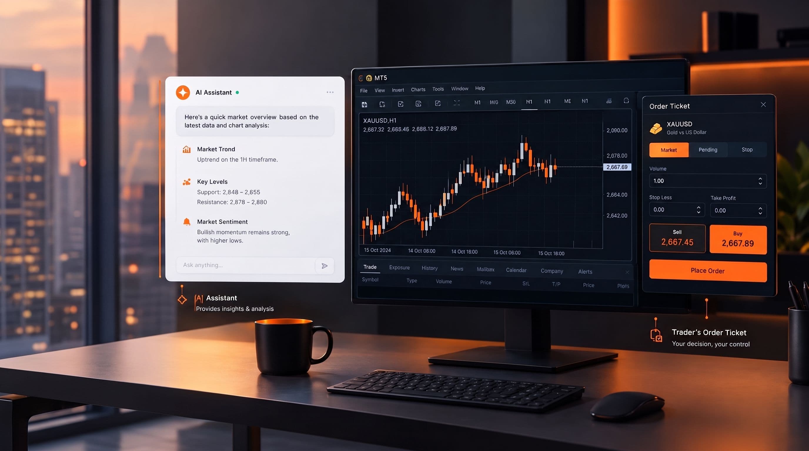 A trader reviewing an AI assistant's chat summary next to an MT5 terminal, with the assistant's notes kept separate from the trader's own order ticket