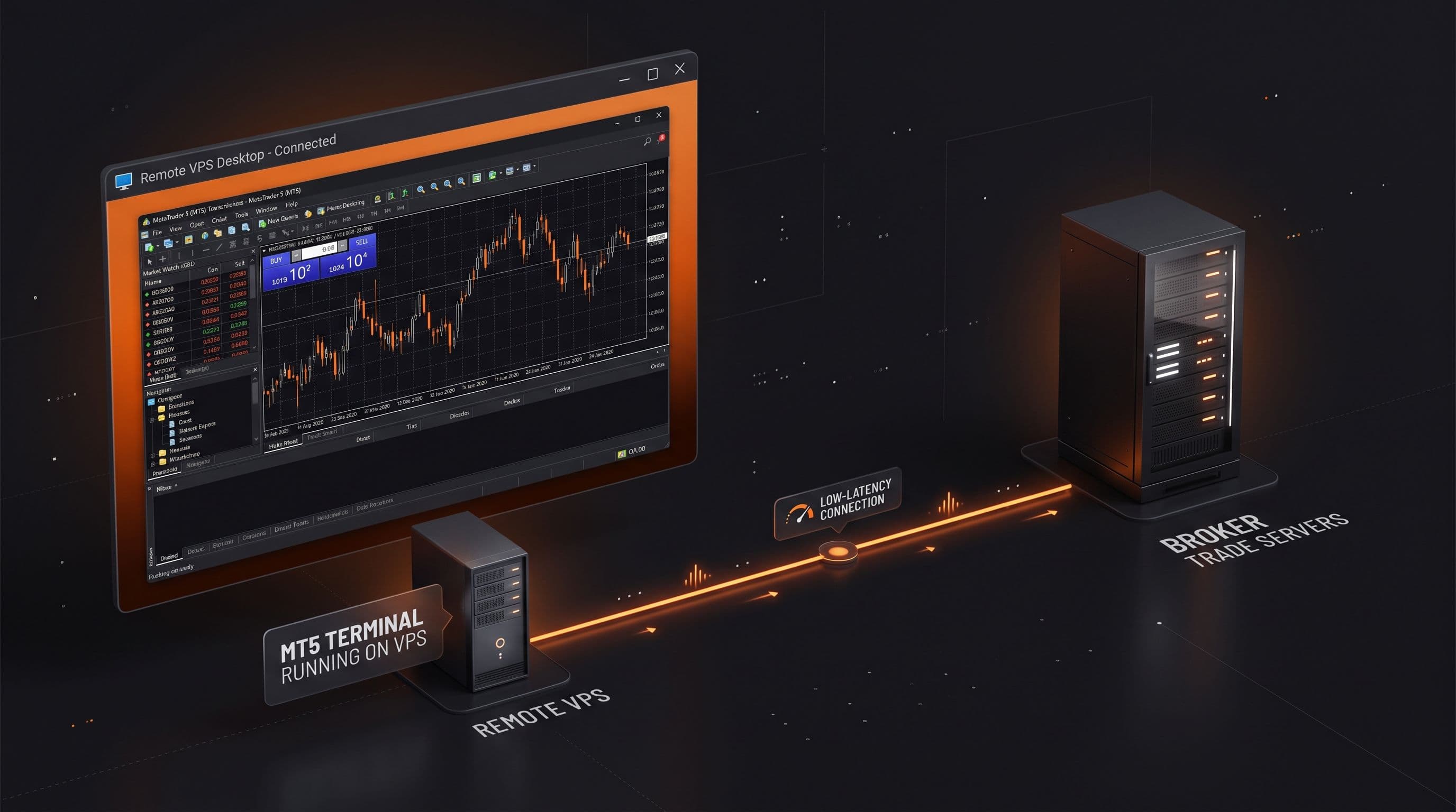 A MetaTrader 5 terminal running on a remote VPS desktop, shown next to a simple network diagram illustrating the short distance between the VPS and a broker's trade servers